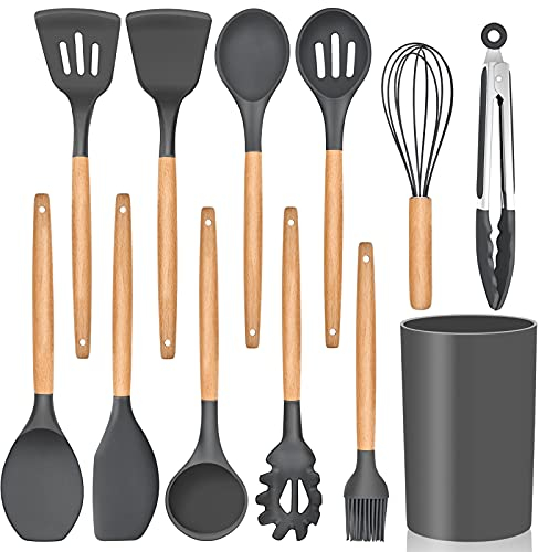 Kitchen Utensils Set of 12, E-far Silicone Cooking Utensils with Holder, Non-stick Cookware Friendly & Heat Resistant, Includes Spatula Tong Whisk Ladle Brush Slotted Turner Spoon(Gray)