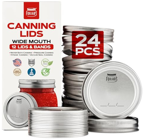 FORJARS Wide Mouth Canning Lids and Rings – 24 Pcs / 12 Sets - Airtight Seals on Mason Jars to Preserve Food for Meal Prep - 2.7 In. Stainless Steel and Bands with Silicone Seals – Canning Supplies.