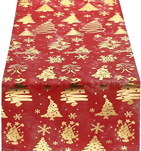 WELTRXE Tischläufer aus Vliesstoff in Rot und Gold mit Weihnachtsbaum- und Schneeflockenmustern für Dekoration, Heimwerken, Einpacken, 28 cm x 5 m