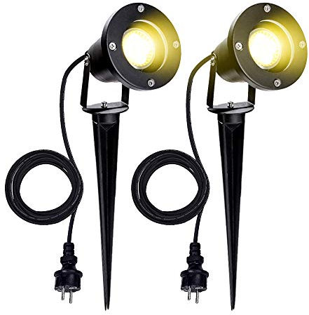 Herrselsam Gartenleuchte 2 Stück Gartenstrahler warmweiß, LED Gartenleuchten mit Erdspieß, IP65 Wasserdicht Gartenstrahler mit Stecker für Außen Garten Rasen