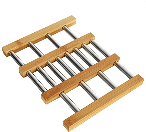 COM-FOUR® Sous-verre en bambou et acier inoxydable - sous-verre extensible - accessoires de cuisine - base en bois à taille réglable (1 pièce - extensible)