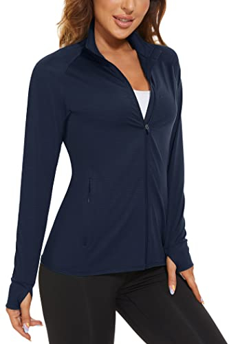 KEFITEVD Damen Sweatjacke Frühling Elastisch Trainingsjacke Leichte Atmungsaktiv Sportjacke UPF 50+ Sonnenschutz Laufjacke mit Daumenloch und Seitentasche Lauftop Marineblau M