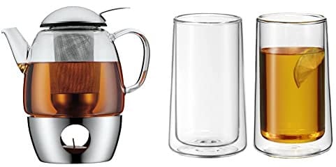 WMF SmarTea Teekanne mit Stövchen Set 3-teilig, Cromargan Edelstahl, Glaskanne 1l mit Siebeinsatz und Stövchen & SmarTea doppelwandige Latte Macchiato Gläser Set 2-teilig, doppelwandige Gläser 270ml