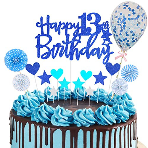 Deko 13. Geburtstag Junge Blau Tortendeko Glitzer Happy 13th Birthday Cake Topper für 13 Jahre Alt Geburtstagsparty Kuchen Kuchendeckel Cupake Topper Party Dekoration