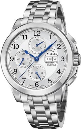 JAGUAR Swiss Made Uhr Automatik Herren aus Edelstahl 316L | Analog, Kalender, Widerstandsfähiges Saphirglas, Wasserdicht 10 ATM J978/1, Silberfarbenes Zifferblatt, Hypoallergen