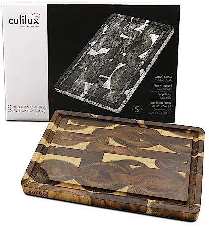 CULILUX® Gourmet Planche à découper S en bois d'acacia double face 30 x 20 x 2 cm avec rainure à jus en bois de bout antiseptique comme planche à découper et pour servir