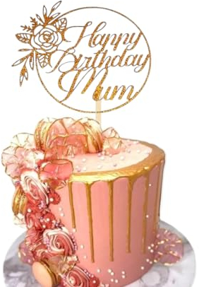 Happy Birthday Mum Cake Topper DOUBLE SIDED Glitter Card Party Decoration Cake Toppers (ROSE GOLD)