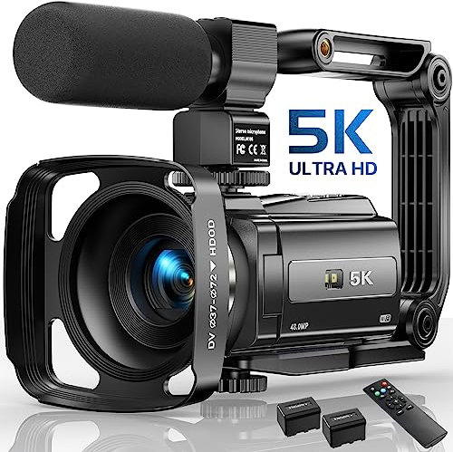FJFJOPK Videocamera 5K, telecamera per visione notturna da 48 MP UHD Wifi IR per YouTube, display touch zoom digitale 16X, fotocamera vlog con microfono esterno, parasole