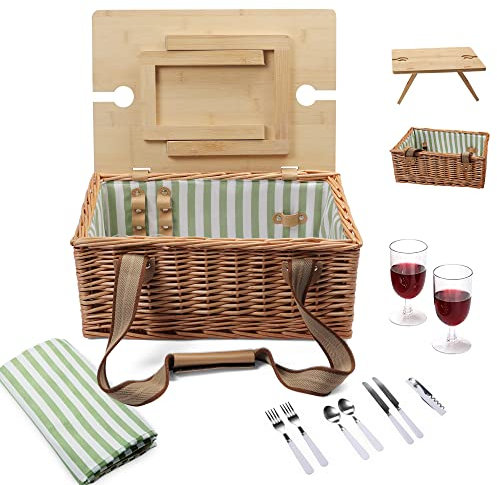 XIHUAN Panier de pique-nique en osier pour 2 personnes avec table de pique-nique pliable amovible, 2 porte-vin, vaisselle robuste et couverture de pique-nique imperméable, idéal pour l'extérieur et le