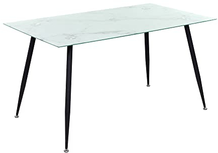 MOG CASA Mesa de Comedor Fija Rectangular Beale | 140 x 80 x 75 cm | Ideal para Cocina o Salón | Materiales Resistentes | Tablero de Cristal Blanco | Patas de Metal en Negro