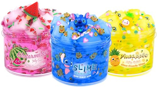Slime-Set – 3-Pack Jelly Cube Transparenter Knuspriger Schleim mit blauem Charm, Wassermelone und Ananas, niedliches Anti-Stress-Spielzeug für Mädchen und Jungen