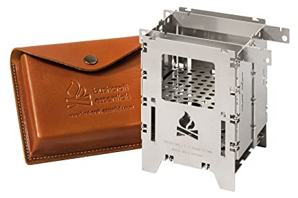 Bushcraft Essentials Bushbox LF Premium Set de cocina para exteriores, cocina hobo, camping, madera, gas, alcohol, plegable, compacta, con accesorios, acero inoxidable, rejilla universal LF, funda de