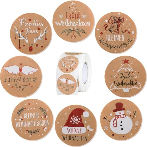 Neodtx Aufkleber Weihnachten Etiketten 500 Stück Rund Rolle Kraftpapier Weihnachtsaufkleber Selbstklebend Zum Beschriften Frohe Weihnachten Aufkleber Verpackung Weihnachtsgeschenken