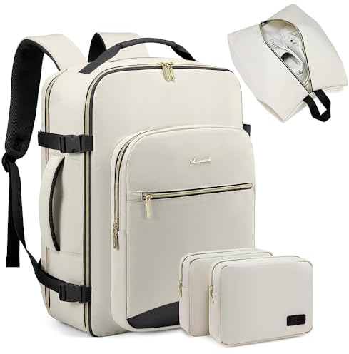 LOVEVOOK Handgepäck Rucksack Flugzeug, 40L Groß Reiserucksack Damen Kofferrucksack, Wasserdicht Reisetasche für 17 Zoll Laptop, Travel Backpack für Reise Geschäftsreise Business Wandern Weekend Beige
