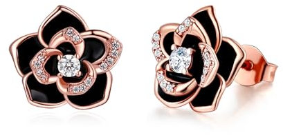 MYBELLNA 14K Gold Dainty Flower Earrings Black Rose Gold Flower Pearl Stud Earrings for Women Sterling Silver Post Hypoallergenic Earrings for Women Mom Her