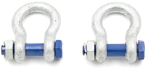 Schäkel 13,5t Tragfähigkeit 2 Stück mit Augbolzen mit Mutter und Splint - Schäkel Geschweift Form BX - Schäkel Hochfest - Stahl Feuerverzinkt Rundschäkel