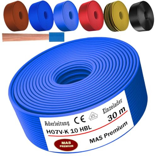MAS Premium Cable de 5 a 100 m H07 V-K 10 mm² negro, marrón, azul oscuro, amarillo verdoso, azul claro o rojo, cable individual flexible (azul claro, 30 m)