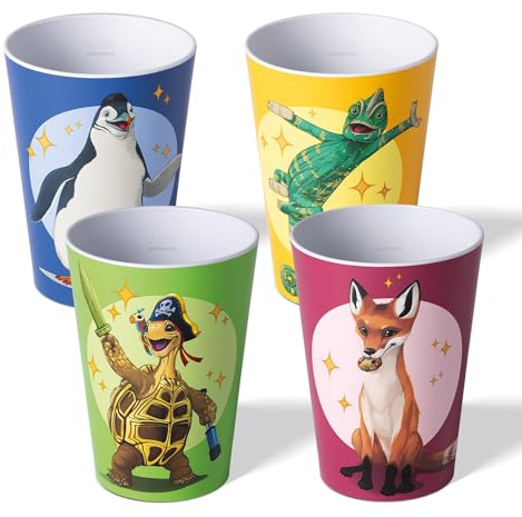 AWAVE Juego de 4 Vasos de rPET, La Escuela de los Animales Mágicos, 250 ml, zorro Rabbat, pingüino Juri, tortuga Henrietta, camaleón Caspar, Reutilizable Reciclable, Tazo para Beber