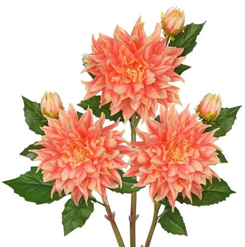Hollyone 3er Set Künstliche Dahlien Kunstblumen Wie Echt, 71cm Stiele Seiden Dahlien mit Großen 15cm Blüten, Hellorange Faux Blumen für Heimdeko, Hochzeit, Tafelaufsätze, Blumenarrangements