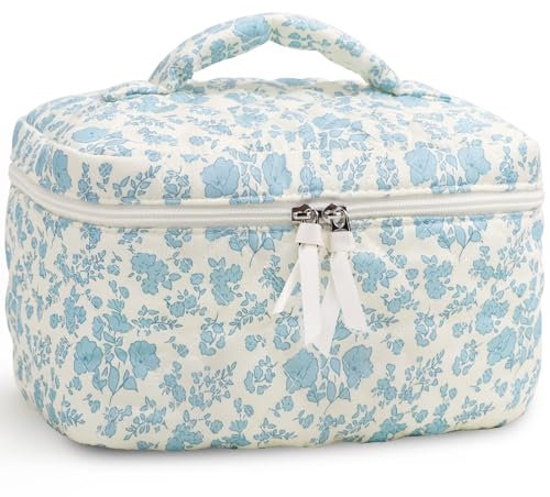 Prite Aesthetic Floral Kosmetiktasche Niedliche Kulturtasche aus Baumwolle mit Gesteppte Muster Reise Kulturbeutel oder Make Up Tasche für Damen und Mädchen (Blaue Blume)