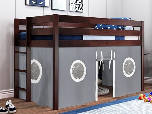 JACKPOT! Contemporary Low Loft Bed with End Ladder, Twin, Cherry with Gray & White Tent