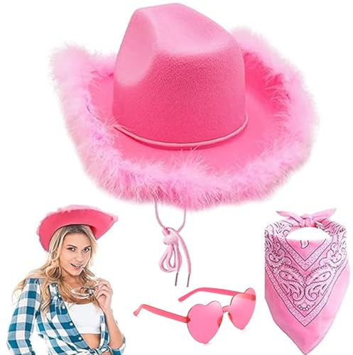 AWAVM Cowboyhut mit Bandana-Schal und herzförmiger Sonnenbrille, Set für Damen und Herren, Halloween, Geburtstag, Cosplay, Party, 3-teilig