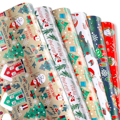 Geschenkpapier Weihnachten,6 Blatt Buntes Weihnachtspapier,Niedliche Cartoon Geschenkpapier Weihnachten Kinder für Weihnachten Geschenke Party Deko(70x50cm)
