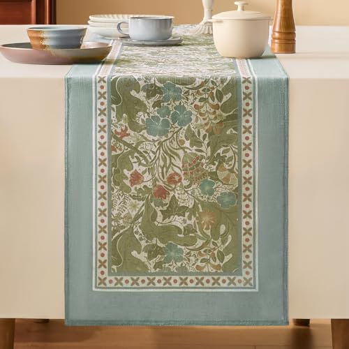 Softalker Tischläufer Frühling Grün Vintage Blumen Tischläufer Modern 40 x 180 cm Leinenoptik Tischläufer Wasserabweisend Abwaschbar Tischwäsche für Outdoor Hochzeit Party Sommer Dekoration