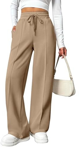 PINSPARK Damen Jogginghose High Waist Sporthose Weites Bein Sweatpants mit elastischem Bund Yogahose Trainingshose Fitness Sweathose Baggy Freizeithose mit Taschen Khaki L
