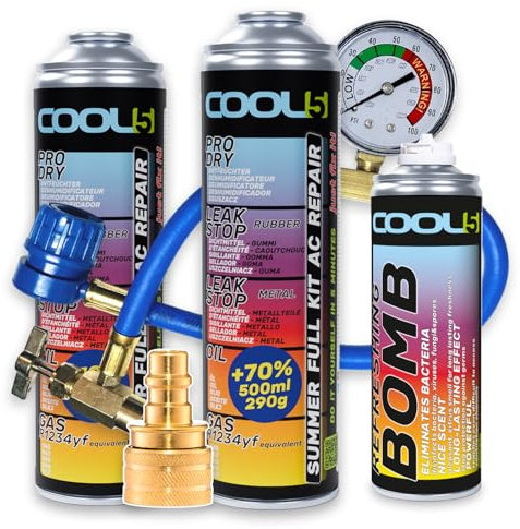 Cool5 2X Klimaanlagen-Reparaturset Summer Full KIT AC 5in1 (R1234yf Ersatz Gas) mit Messschlauch - für Fahrzeuge ab Baujahr 2017, 290g +70% Produkt - Klimaanlagenlösung + Refreshing Bomb