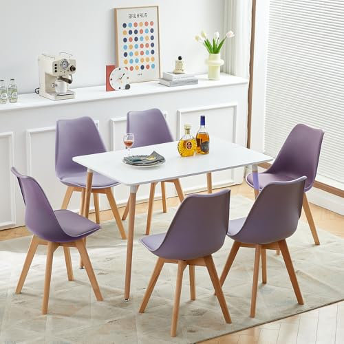 FURNITABLE Esszimmergruppe Esstisch mit 6 Stühlen Essgruppen, Rechteckig 110cm Küchentisch-Set und 6er Set Esszimmerstühle für Wohnzimmer Küche Büro (Weiß Tisch+6 Grau Lila Stühle)