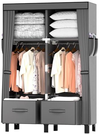 LOEFME Armario de tela 85 x 45 x 172 cm – Armario plegable con 2 cajas de almacenamiento y 4 bolsillos laterales, armario de tela estable para dormitorio, vestidor, dormitorio, gris