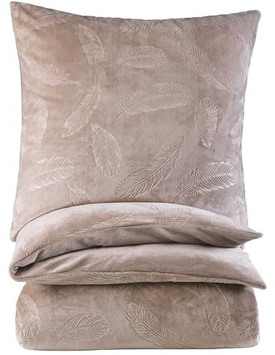 BaSaTex Winter Plüsch Bettwäsche Cashmere Touch im Prägedruck | flauschig und warm | 155x220 cm Deckenbezug + 80x80 cm Kissenbezug | 2 teiliges Set | Design Federn Taupe