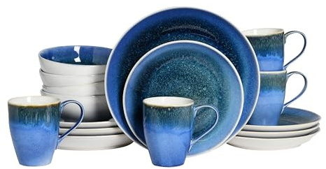CreaTable, 24302, Serie Caldera Blau, 16-teiliges Geschirrset für 4 Personen, Kombiservice aus Steinzeug, spülmaschinen- und mikrowellengeeignet, Qualitätsproduktion
