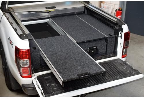 Passgenaue Schubladenbox für Ford Ranger (Einzel-, Extra-, Doppelkabine) ab Bj. 2023, robuste Verarbeitung, abschließbare Schubladen, Schubladensystem für Ladefläche (150kg max. Belastung/Schublade)