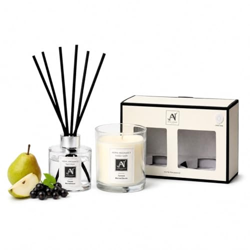Aroma Naturals Duft-Geschenk-Box, Kerze und Schilfrohr-Diffusor, Glas, minimalistischer Luxe, 206 g, Metalldeckel mit Band, 100 ml Glas-Diffusorgefäß mit Metallkragen (Femme Merveilleuse)