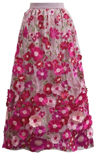 CHICWISH Maxirock für Damen, 3D-Blumenapplikation, Stickerei, elastisch, hohe Taille, A-Linie, Gartenparty, Netzstoff, Tüllrock, Magenta, M/L