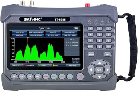 Vickyyy St-6986 DVB-S/S2 /t/T2 / C Satellite Finder Combo Satellite TV Signal Finder Digital Portable Signal Meter HEVC H.265MPEG-4 (10-bit) with a 7-inch TFT LCD