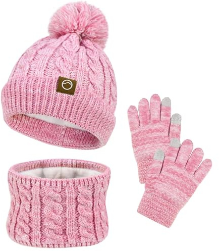 FCXVXCL Set Invernale Bambini 3 Pezzi Ragazze Cappello Sciarpa Guanti Set di Accessori Invernali Con Morbida Fodera di Berretto A Maglia,Scaldacollo E Guanto,Età 3-10 Anni