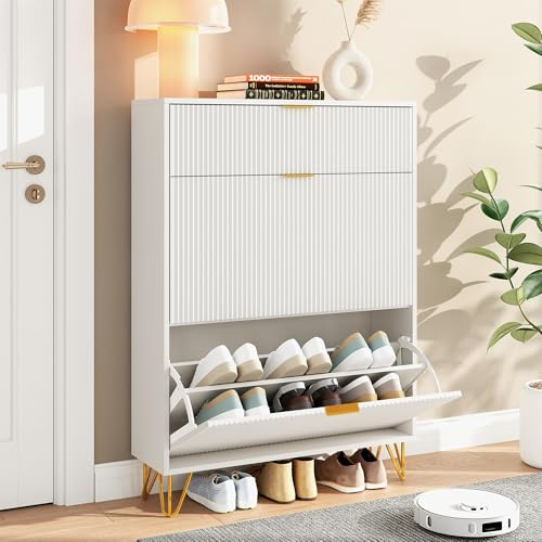 TIMORWTF - Mueble para zapatos de entrada, armario de zapato, color blanco con 3 abatibles, 80 x 24 x 118 cm, almacenamiento de zapatos de madera para entrada y pasillo, color blanco