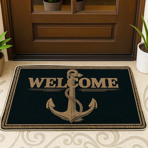 Anchors Door Mat, Nautical Traditional Rope Text None Navy Non-Slip Dirt Trapper Doormats for Floor Entryway Decor for Front Porch Bathroom Office 29x17 Inch