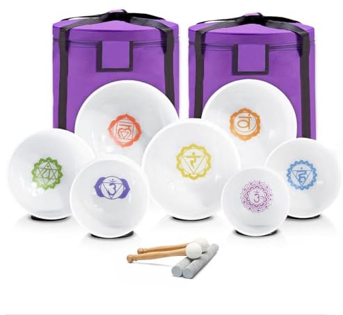 keepdrum kvarts-klangskålar set chakra set färger 7-delad 15 cm med tillbehör