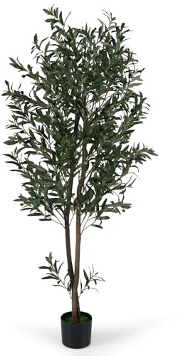 COSTWAY Plante Artificielle en Pot Hauteur 180CM, Olivier Artificiel avec Fruits et Mousses Réalistes Base Stable 2 Troncs Robuste en PE, Arbres Faux Décoration pour Salon Bureau