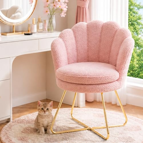 Hellove Chaise Coiffeuse, Chaise Coquillage Tissu Sherpa avec Pieds en Métal l'or, Fauteuil Salon Confortable, Fauteuil Lecture, Chair pour Salon, Chambre, Tabouret Coiffeuse, Rose
