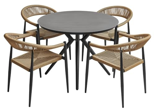 MAT-COMPANY Gartenmöbel Set 4 Personen Sitzgruppe Aluminium Tisch 100x100 cm rund Stühle stapelbar wetterfest Balkon Terrasse Schwarz Braun