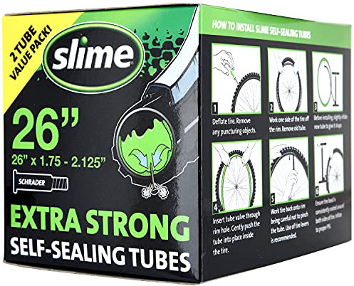 Slime 30074 - Tubos Interiores para Bicicleta con sellador de pinchazos Slime extrafuerte, autosellante, prevención y reparación, válvula Schrader, 26 x 1.75-2.1 Pulgadas, Paquete de 2 Unidades