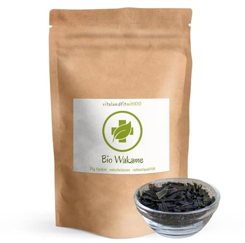 Bio Wakame Flocken - 25 g - mineralstoffhaltige Braunalge - getrocknete Algen-Flocken, Algenflakes, Meeresgewürz - von der Atlantikküste Spaniens - in Rohkost-Qualität - glutenfrei - OHNE Zusatzstoffe