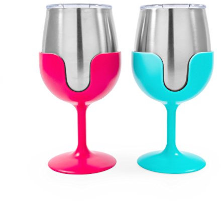 Camco 51915 - Juego de vasos de vino de acero inoxidable con tallos extraíbles de copa de vino rosa fucsia y azul azulado, tapa a prueba de fugas, aislado al vacío, sin BPA, 8 onzas