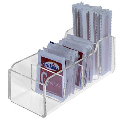 DesignPlex Porta bustine Zucchero e Palette in plexiglass Trasparente a 4 postazioni - Misure: 16.5 x 7 x H6 cm