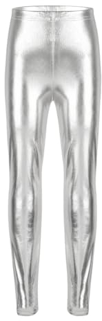 iiniim Kinder Mädchen Hose Leggings Glänzende Metallic Lange Hose Ballett Tanzhose Sport Gym Clubwear Gr.104-152 A Silber 140-152